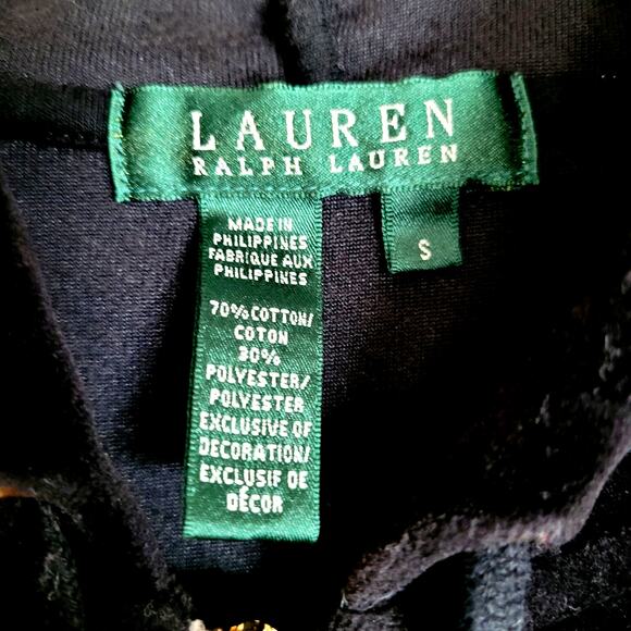 Lauren Ralph Lauren Zip Up Velour Hoodie Jacket Crest Size S Black Preppy Y2K - Picture 5 of 8
